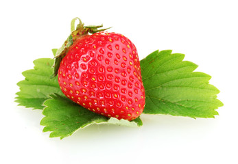 sweet ripe strawberry wit leaves isolated on white
