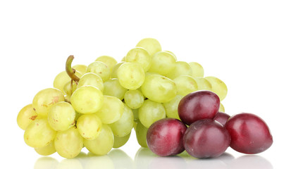 ripe sweet grapes and plums isolated on white