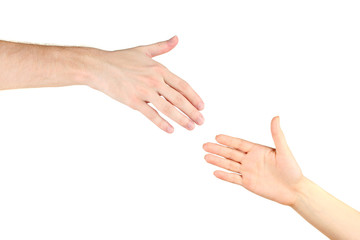 Women's hand goes to the man's hand on white background