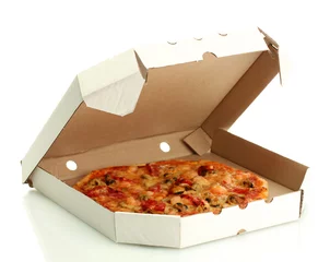 Papier Peint photo Lavable Pizzeria Tasty pizza in box isolated on white