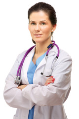 Happy young nurse standing with folded arms