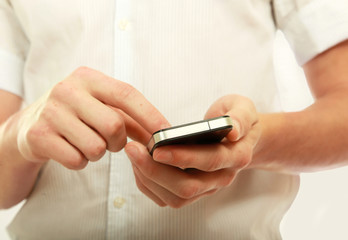 Mobile phone With hand, isolated on white background
