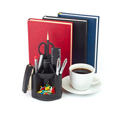 Set of office accessories. It is isolated on a white background