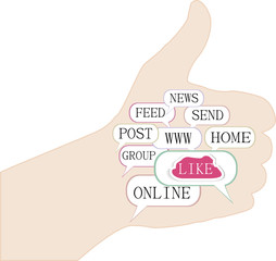 Thumb up like hand symbol with tag cloud of word