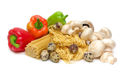 pepper, pasta, mushrooms, eggs on a white background