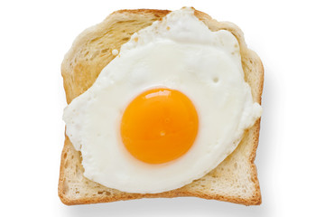 Fried egg on white toast from above.