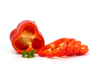 Cut red pepper isolated on white background, closeup