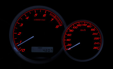 Sports car dashboard with speedometer and tachometer