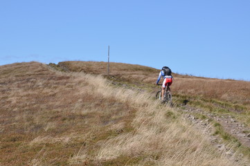 Obraz premium A man riding uphill on a mountain bike