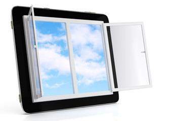 tablet computer with open window and sky on screen