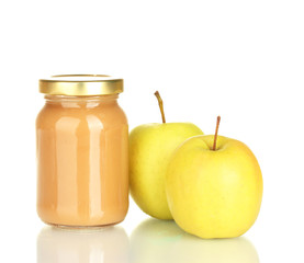 Jar with apple baby food isolated on white