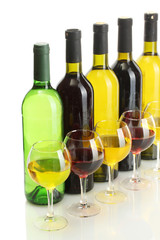 bottles and glasses of wine isolated on white