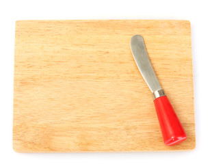 Cutting board with knife for cheese isolated on white close-up