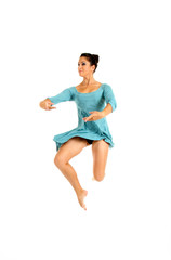 young beautiful dancer in a blue dress isolated on white