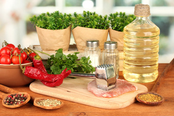 composition of raw meat, vegetables and spices