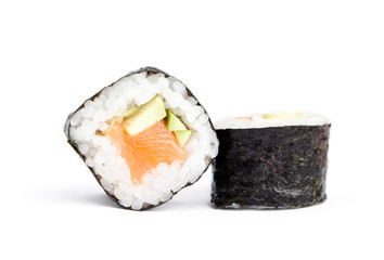 Two sushi maki rolls, isolated on white