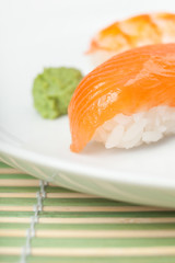 Nigiri sushi on the plate with wasabi sauce. Japanese snack