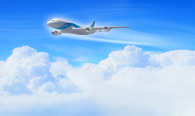 Fototapeta na wymiar Biały samolot pasażerski w błękitne niebo