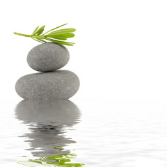 Balancing stones with leaves reflection