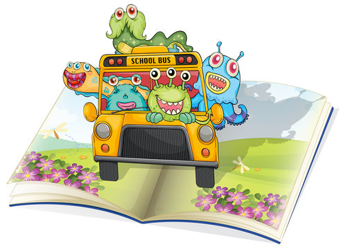 monsters, school bus and book