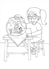Foto auf Leinwand Umrissillustration eines Mädchens fütterte den Goldfisch © rudall30