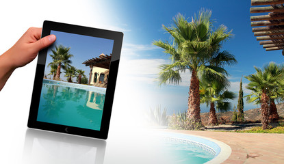 Swimming Pool, Palm and tablet pc