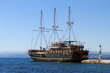 Antique ship on the Aegean sea in Greece