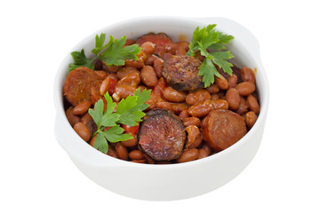 red beans with sausages in bowl
