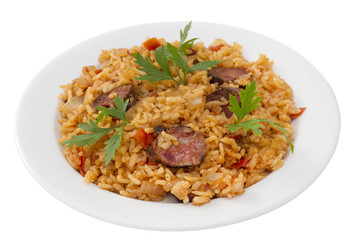 sausages with rice on white plate