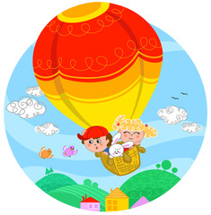 Deux enfants mignons et un lapin blanc volant en montgolfière.