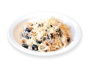 Spaghetti with tuna isolated on white