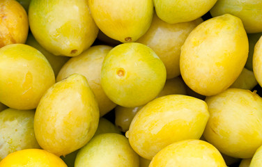 Pile of freshly picked yellow plums on a cou