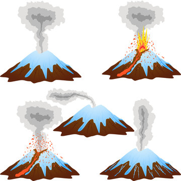 Volcano mountain eruption peak with snow set.