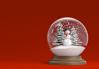 snowglobe with snowman and trees on a red background copy space - 45411469