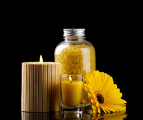 spa still-life with candles sea salt and flower