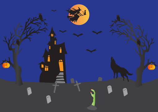 Halloween Scene,witch,bats,haunted house,pumpkins,wolf