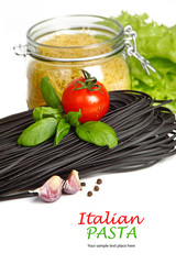 Italian Pasta with vegetables in wooden plate isolated on white.