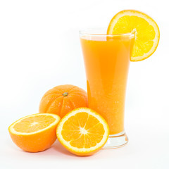 orange juice and slice isolated on white