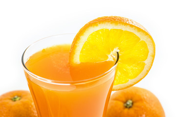 orange juice and slice isolated on white