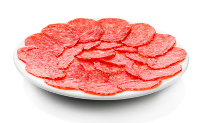 tasty sausage on plate, isolated on white