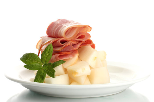 parma ham and melon, isolated on white
