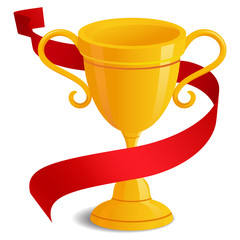 Gold trophy award with red ribbon