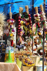 Onion, garlic, herbs, spices, lavender, handmade flower bouquets