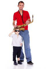 Fototapeta premium Portrait of musicians posing on white background with saxophone