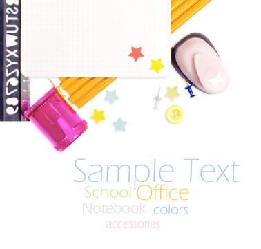 Photo of office and student gear over white background - Back to