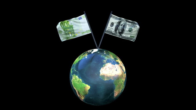 Dollar and Euro Flag Waving with Earth Rotating, Alpha