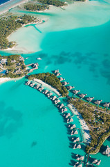 Aerial shot of bungalows in Tahiti