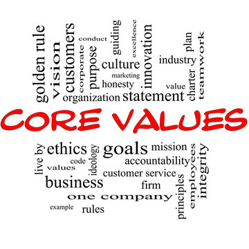 Core Values Word Cloud Concept in Red & Black