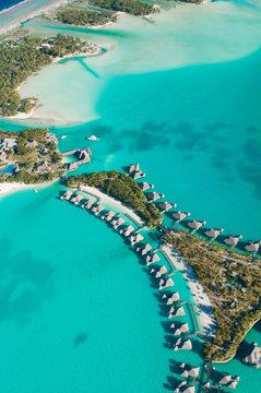 Aerial shot of bungalows in Tahiti