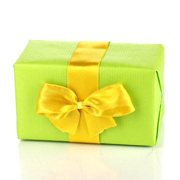 Colorful green gift with bow isolated on white